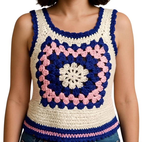 Vintage 70s Crochet Granny Square Handmade Top - Picture 2 of 9